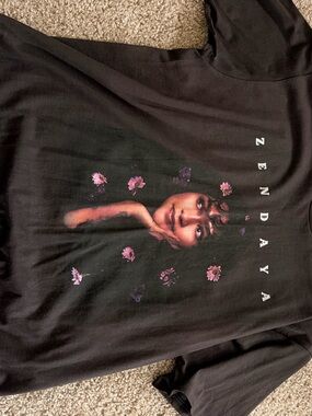 Zendaya Black Graphic Tee with Pink Floral Portrait